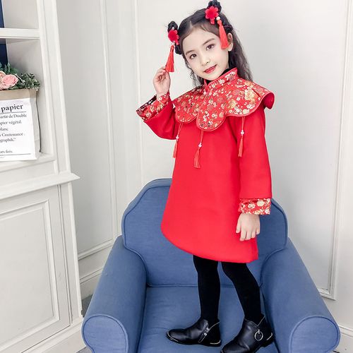 女童新年装儿童过年喜庆衣服大红色中国风拜年服本命年裙子连衣裙