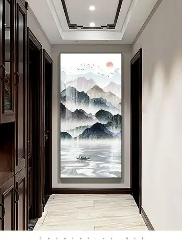 入户玄关装饰画走廊过道尽头竖版山水画壁画新中式客厅进门挂画