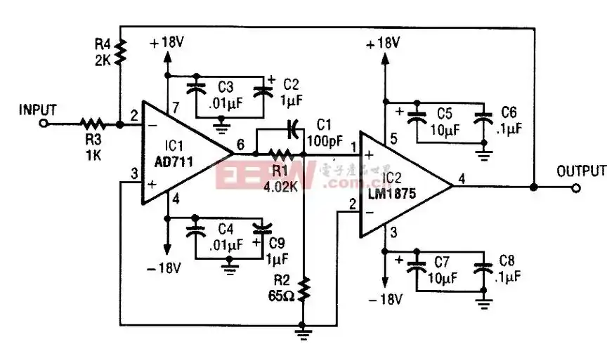 通过使用lm1875和适当的散热能力,该电路由2个ic器件10瓦放大器组成.