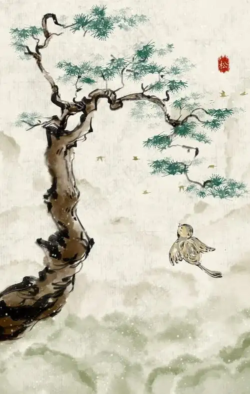 松树复古古风插画背景素材图片2000x3000dpi300psd模版下载