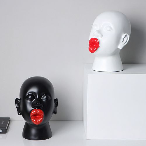 现代轻奢抽象烈焰红唇女人黑白头像艺术摆件样板间电视柜软装饰品