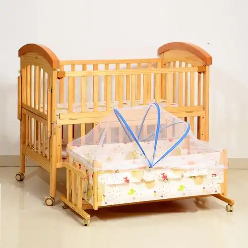 小时候红木色婴儿床实木 带四方大蚊帐 宝宝摇篮床小孩游戏床双层