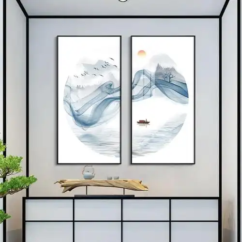 新中式客厅装饰画两联山水沙发背景墙画中国风酒店挂画大气壁画