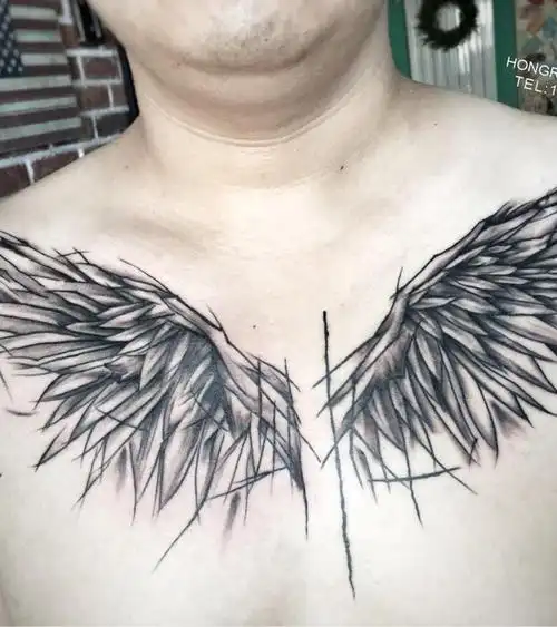 翅膀花胸_纹身图案手稿图片_天津初拾tattoo-哈拉辛的纹身作品集