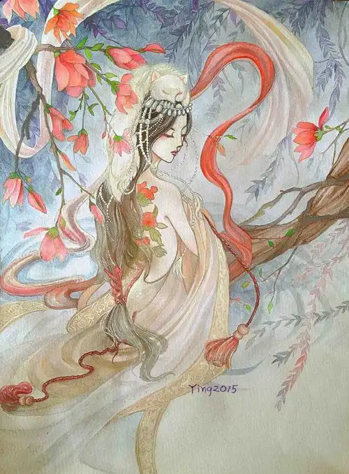 古风 美女 白狐 苏妲己 水彩 手绘 原创 已商用