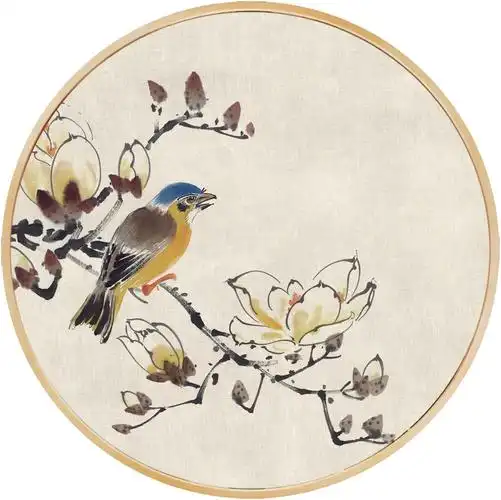 聿田一 新中式圆形装客厅沙发背景茶室玄关花鸟实木国画书法