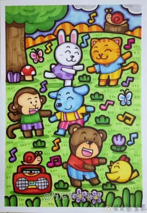 简笔画动物主题画简笔画彩色森林动物水彩简笔画20组动物情景简笔画