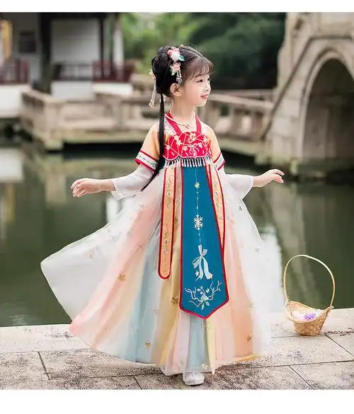 天颛 汉服女童10岁古筝演出服古代公主裙儿童古装古风表演仙女裙唐装