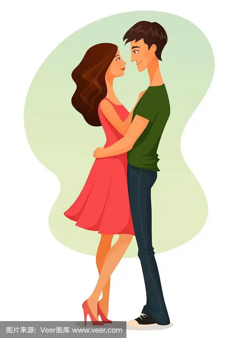 可爱的卡通插画年轻的女人和男人在爱,拥抱