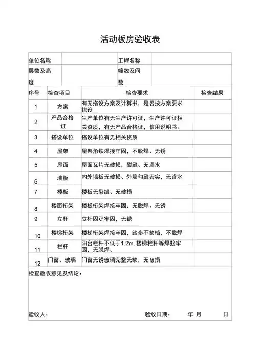活动板房验收表1