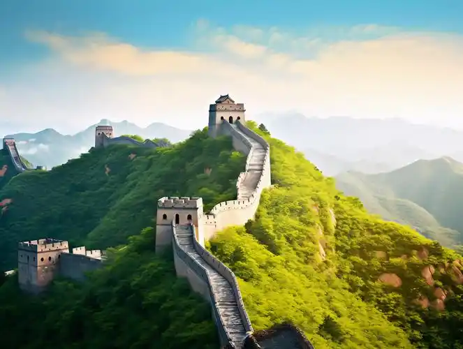 清晨云雾缭绕的雄伟长城连绵起伏的山脉中国著名景点旅行山河辽阔图