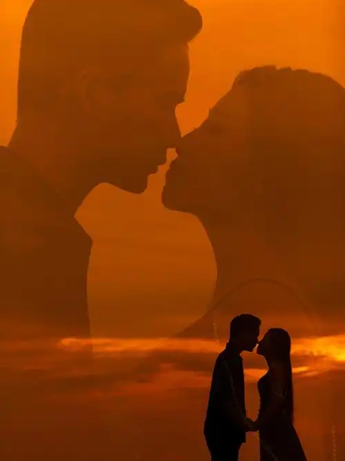 夕阳一定要拍的二次曝光的婚纱照成品美