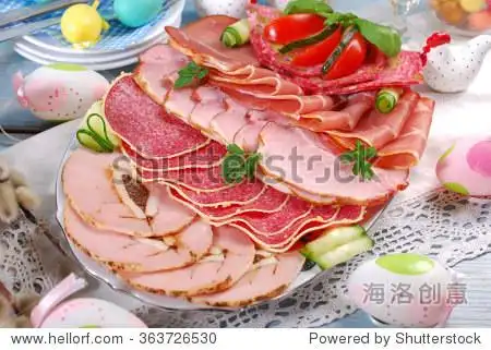 catering platter of sliced cured meat,ham and salami with