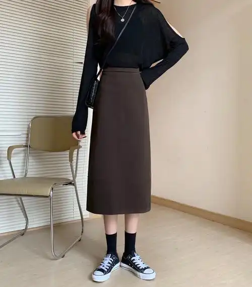 黑色半身裙冬天配毛衣2022新款a字裙子显瘦高腰中长款开叉毛呢裙