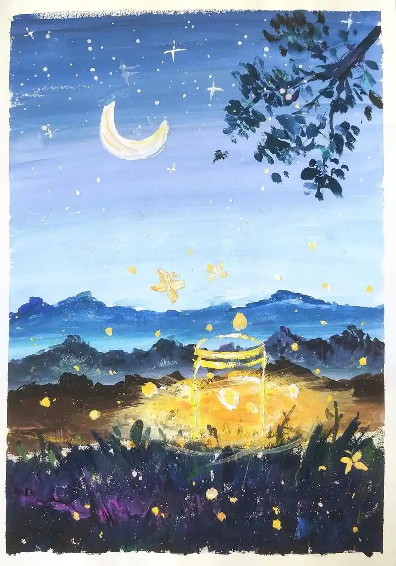 水粉画萤火虫的夜晚附细节图