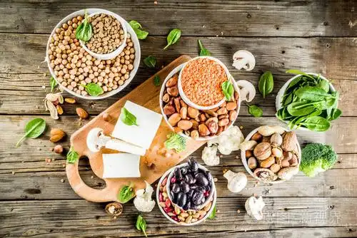 健康植物纯素食品素食蛋白来源:豆腐纯素牛奶,豆类,坚果,豆浆,菠菜和