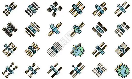 国际平面一套空间站矢量图标的轮廓式空间站矢量图标是白色的薄线彩