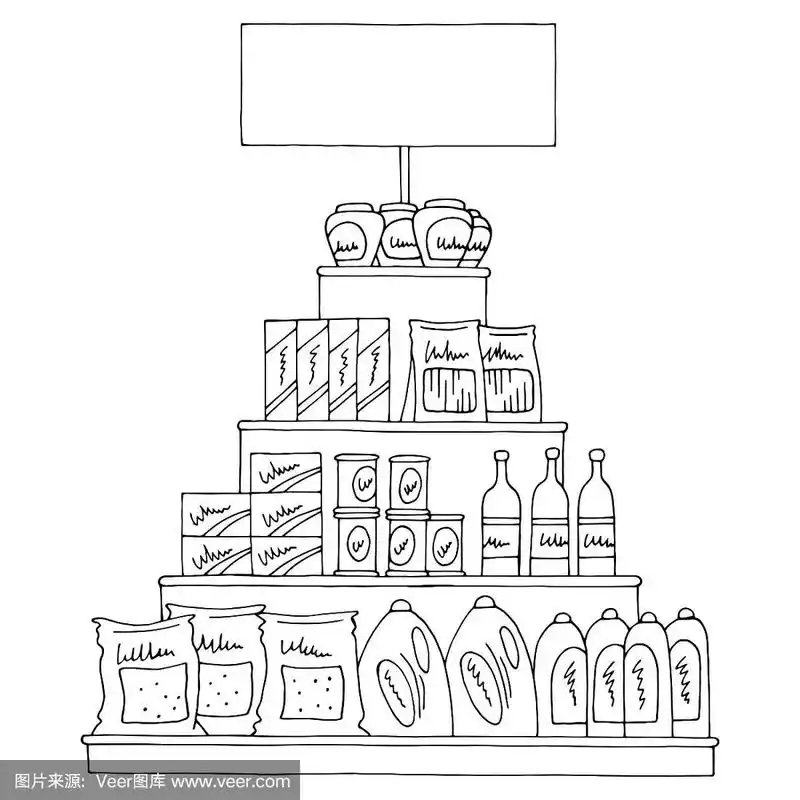 食品店金字塔货架图形黑白孤立素描食品商店插图矢量
