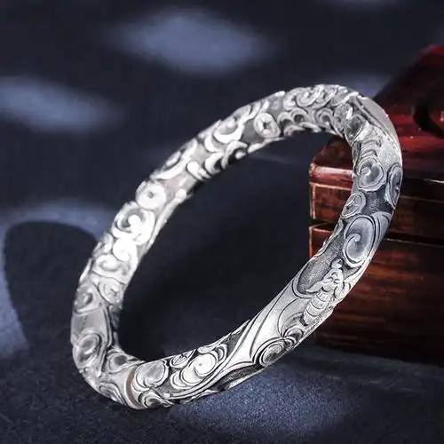 大理雪花银 原创设计 手工錾刻 s999银 蝠满天圆柱手环手镯