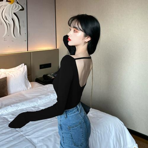 露背上衣低领性感春秋百搭小心机打底衫修身显瘦长袖黑色t恤女