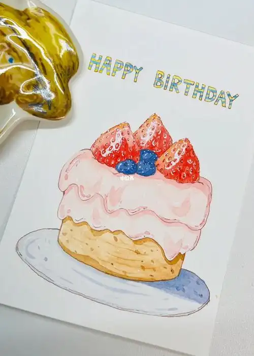自学水彩淡彩临摹47100生日蛋糕