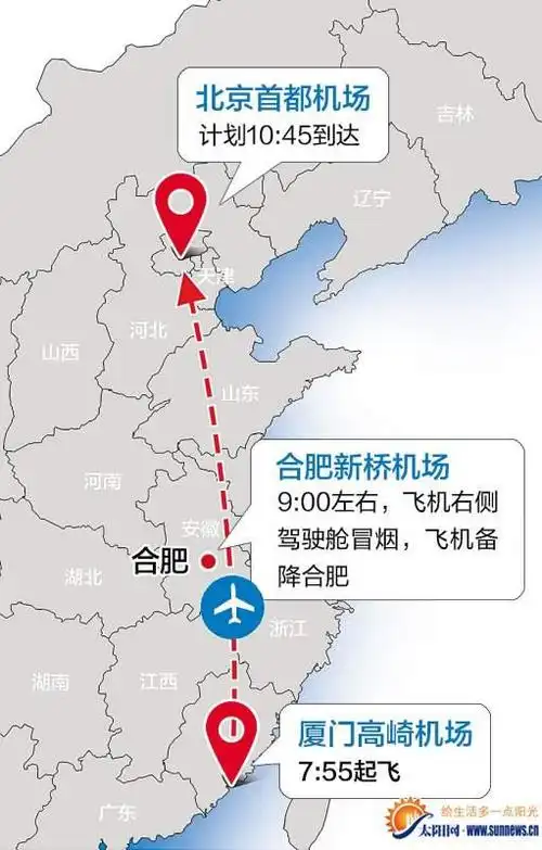 一厦门飞北京飞机空中冒烟紧急备降合肥机场