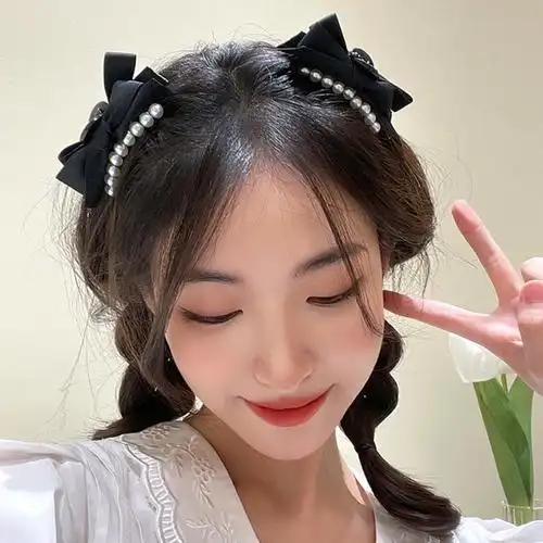 珍珠黑色蝴蝶结夹子发卡发夹女公主风立体顶夹抓夹中号侧边夹头饰