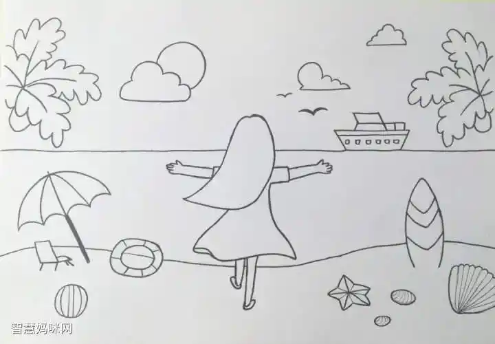 阳光沙滩海边女孩儿童画 - 智慧妈咪网