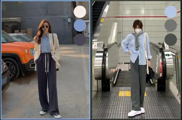 首先推荐蓝色衬衫加灰色阔腿裤的搭配,自然舒爽,有几分轻熟女人的优雅