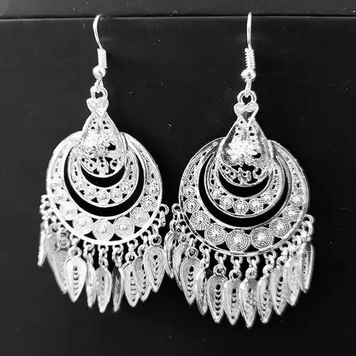 liyan手工民族风长流苏夸张苗族银耳饰少数民族大dd 民族风银精致孔雀