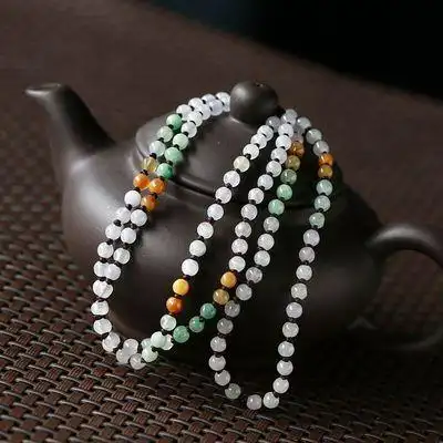 天然a货翡翠三彩圆珠项链配吊坠用3mm小珠链包邮细款礼物饰品