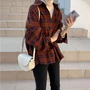 女新款格子纯棉磨毛衬衫宽松百搭打底内搭衬衣加厚大码2022春秋季