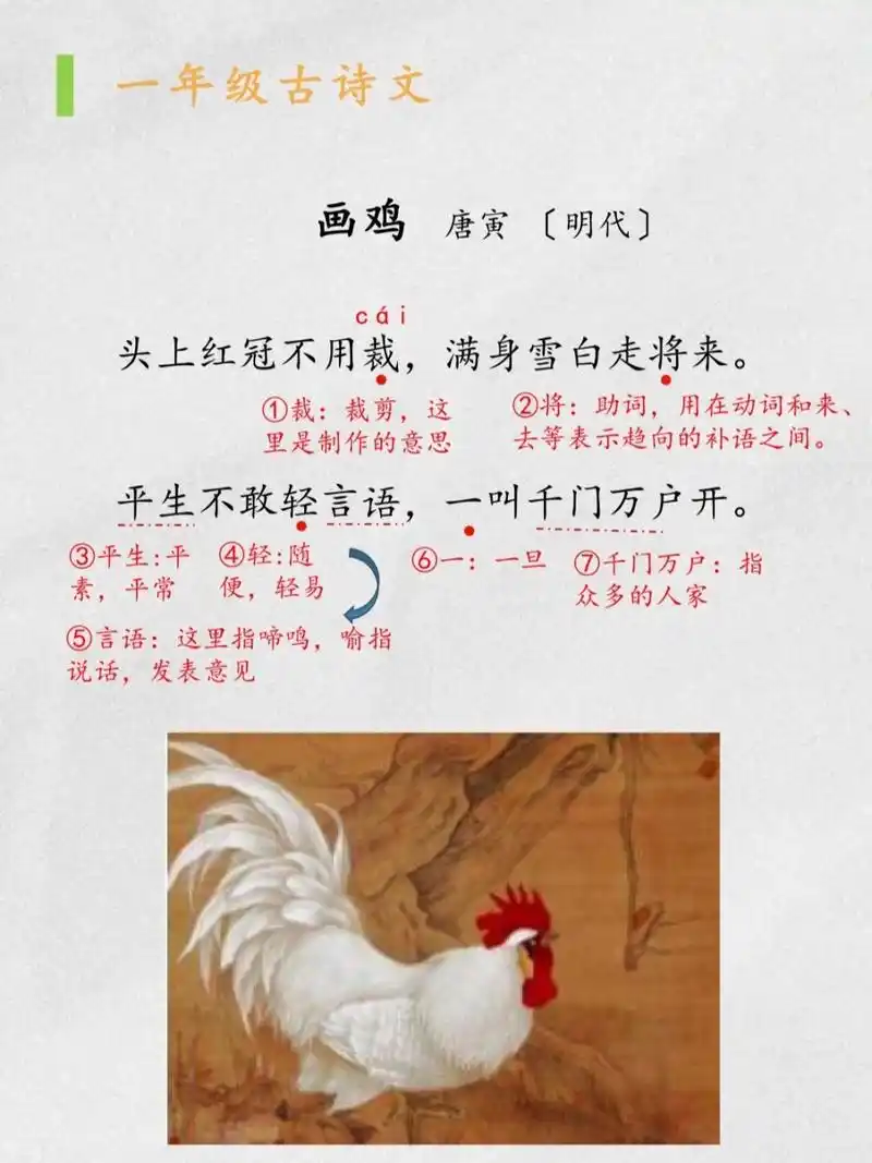 小学诗词:《画鸡》 《画鸡》    唐寅 〔明代〕 头上红冠不用裁,满身
