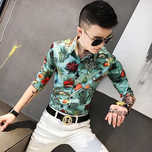 再凡漾小码休闲矮个子五分袖衬衫青年男社会精神小伙花衬衫男夏季修身