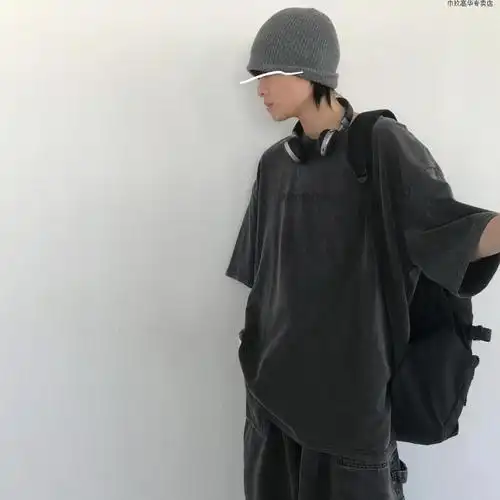 几物jiwuus夏装日系复古原宿风水洗做旧黑灰色短袖t恤男生街头tee 黑