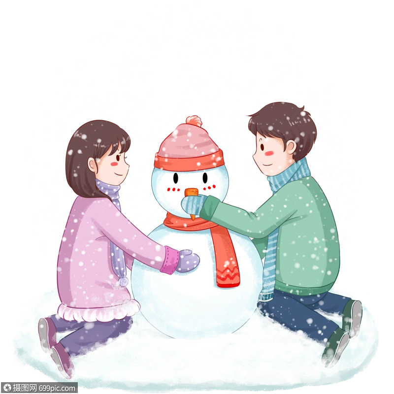 下雪天情侣堆雪人图片