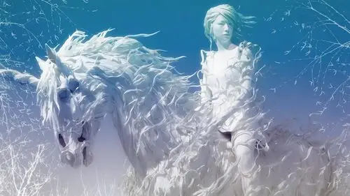 创意艺术,白色风格的女孩和独角兽 壁纸 - 1600x900