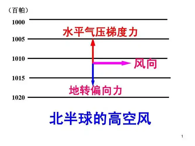 (百帕) 1000 1005 1010 1015 1020 水平气压梯度力 风向 地转偏向力