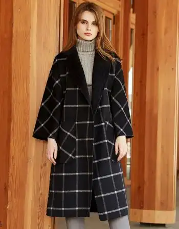 2018零羊绒新款双面呢子外套女韩版修身中长款流行格子羊毛呢大衣