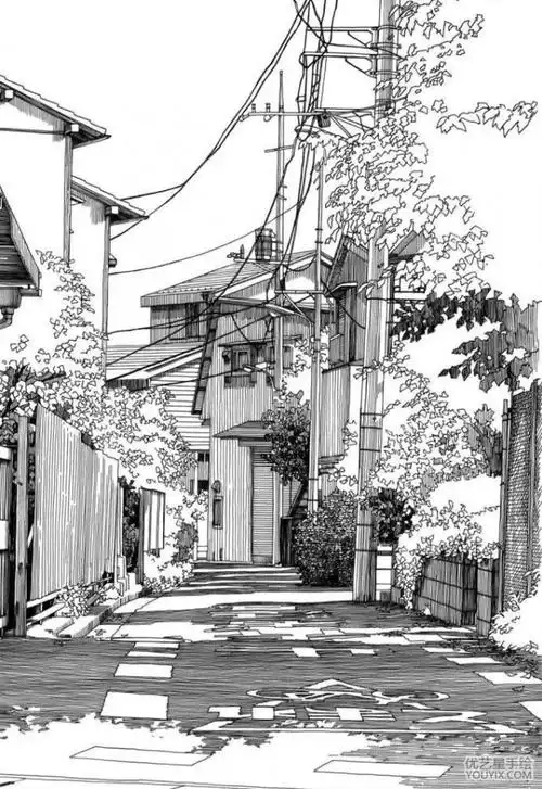城市街道建筑风景钢笔速写作品图片画风很硬朗