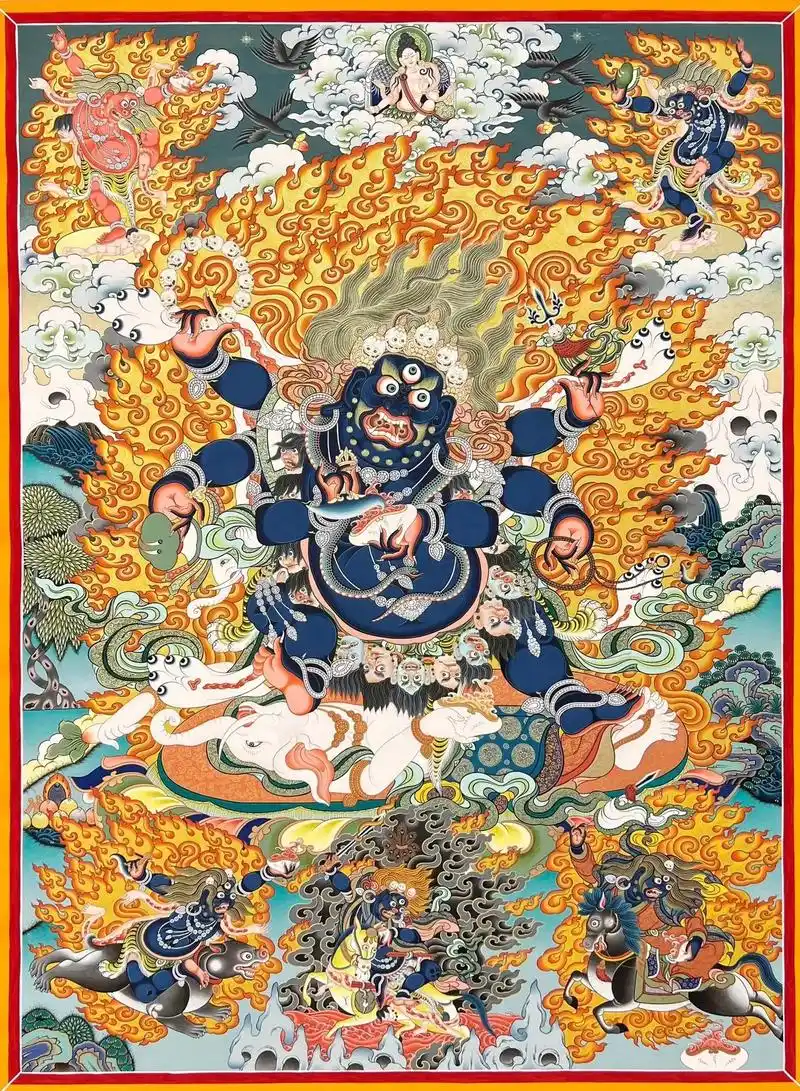 热贡董小事六臂大黑天手绘唐卡艺术作品.