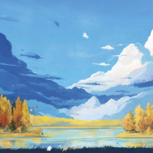 水彩画蓝天白云山水