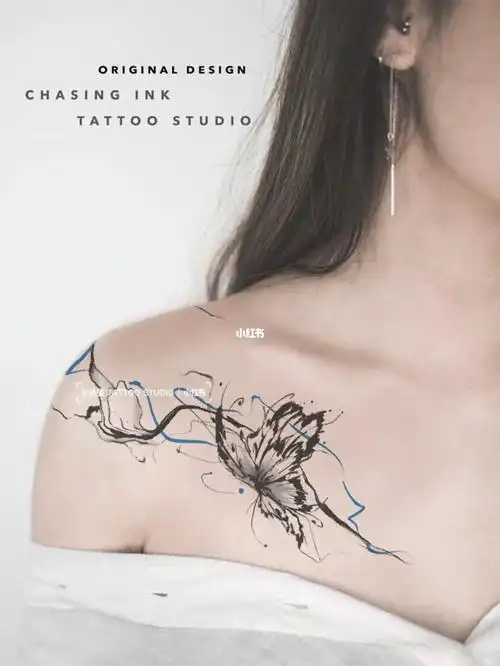 蝴蝶纹身原创手稿抽象概念女生锁骨纹身