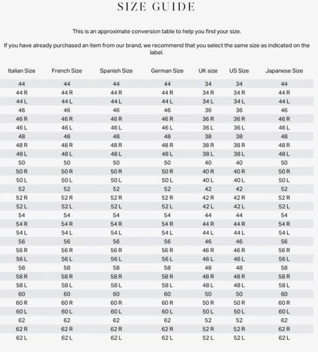 armani 阿玛尼男士单西-xssml品牌尺码表大全_对照表_选码助手_查码