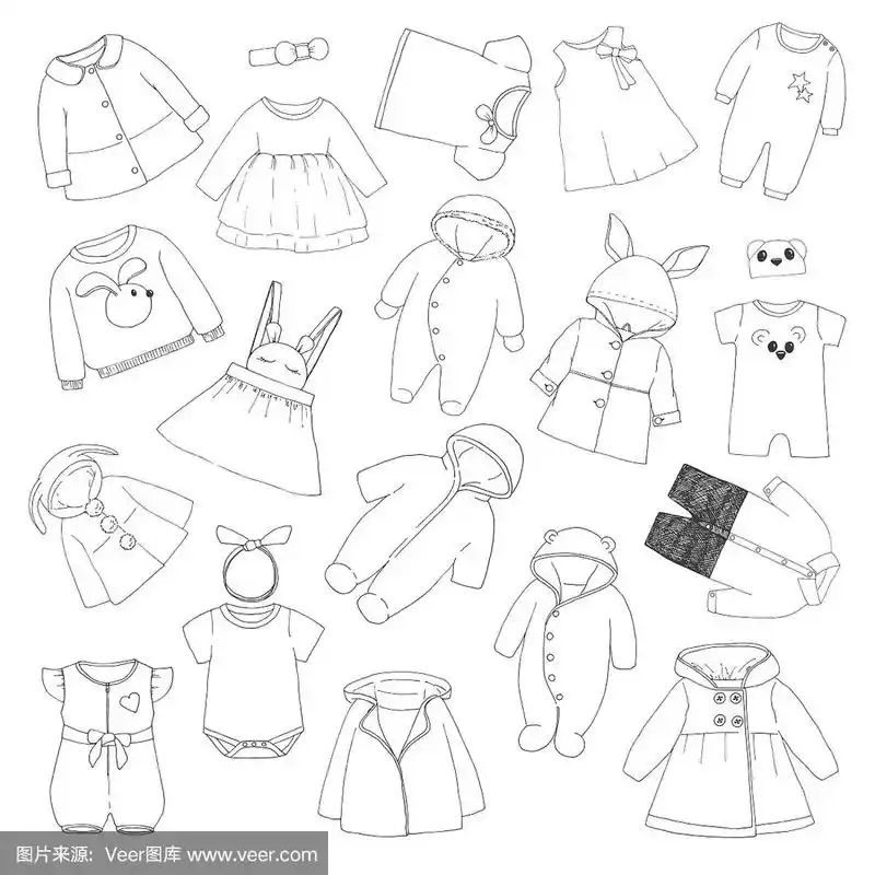 一套不同的儿童服装.可以用作纸娃娃的衣服.矢量插图在素描风格.