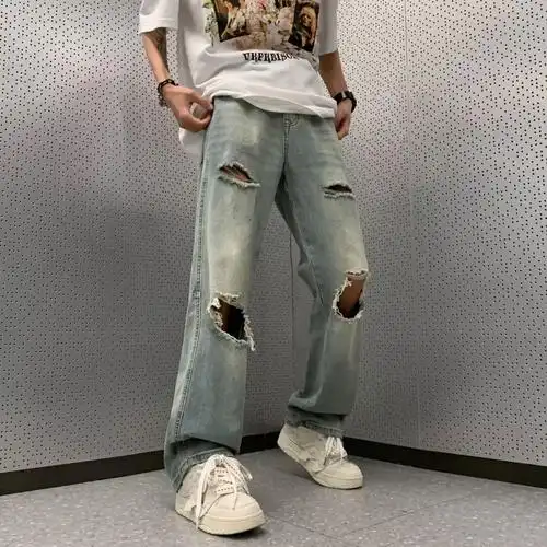 破洞牛仔裤青春流行宽松直筒男潮流水洗中腰新款长裤时尚休闲百搭
