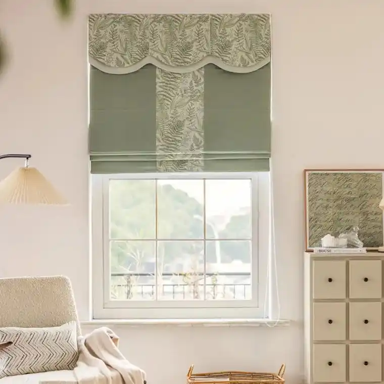 罗马帘茶绿手绘植物轻法式奶油色窗帘法式复古遮光卧室书房卷帘 - 抖