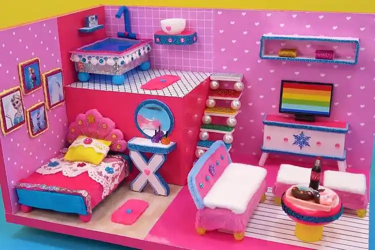diy迷你娃娃屋艾莎公主的粉色现代卧室