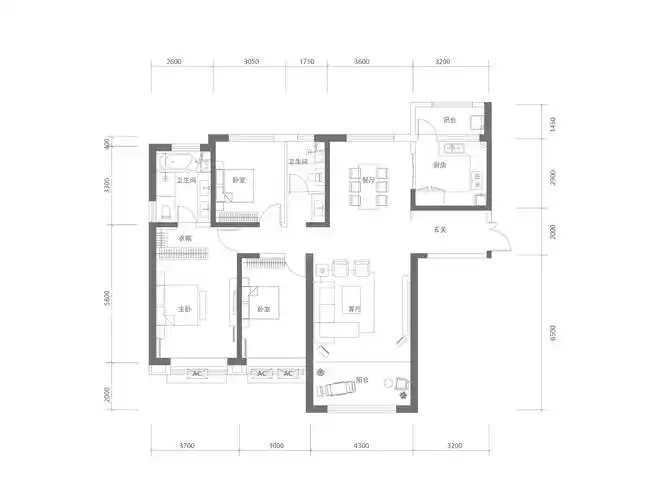 t3b-2户型 三室两厅一厨两卫 建筑面积约164㎡