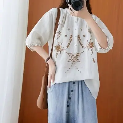 棉麻短袖t恤女短款文艺复古民族风刺绣苎麻小衫宽松亚麻中袖上衣